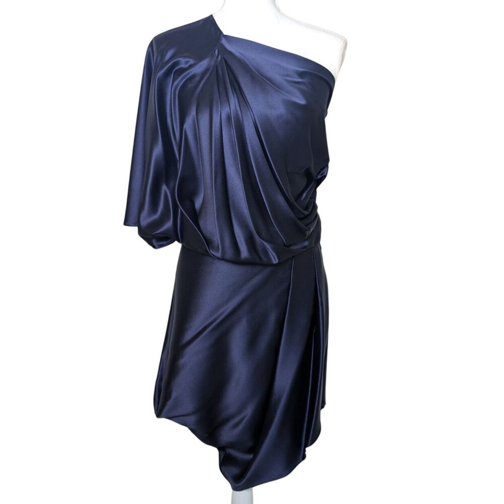 Malandrino 100% Silk Drape Goddess Navy Blue Dress Women 38 Designer Luxury